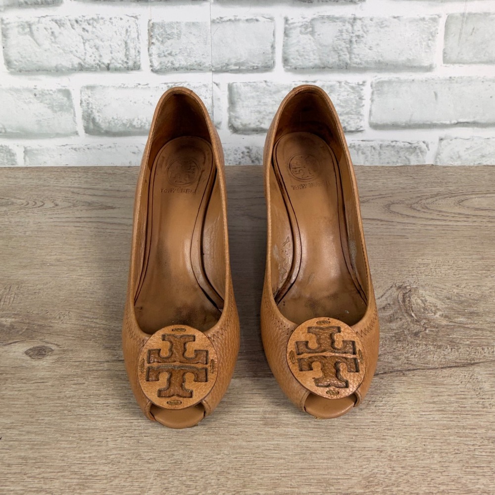 Tory Burch Sally Peep Toe Wedge Leather Tan Womens No Size